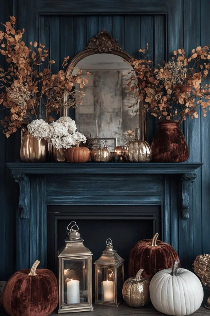 Luxe velvet mantel with rich autumn colors.