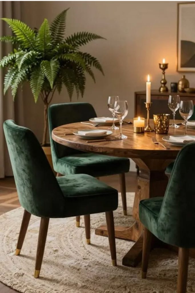 Emerald velvet chairs in dining room.