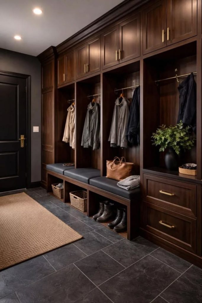 Luxe walnut boot room with bench.