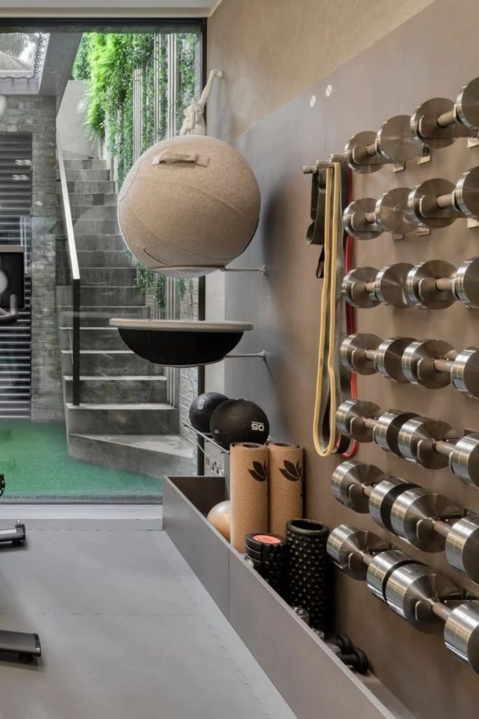 Luxury basement home gym interior.