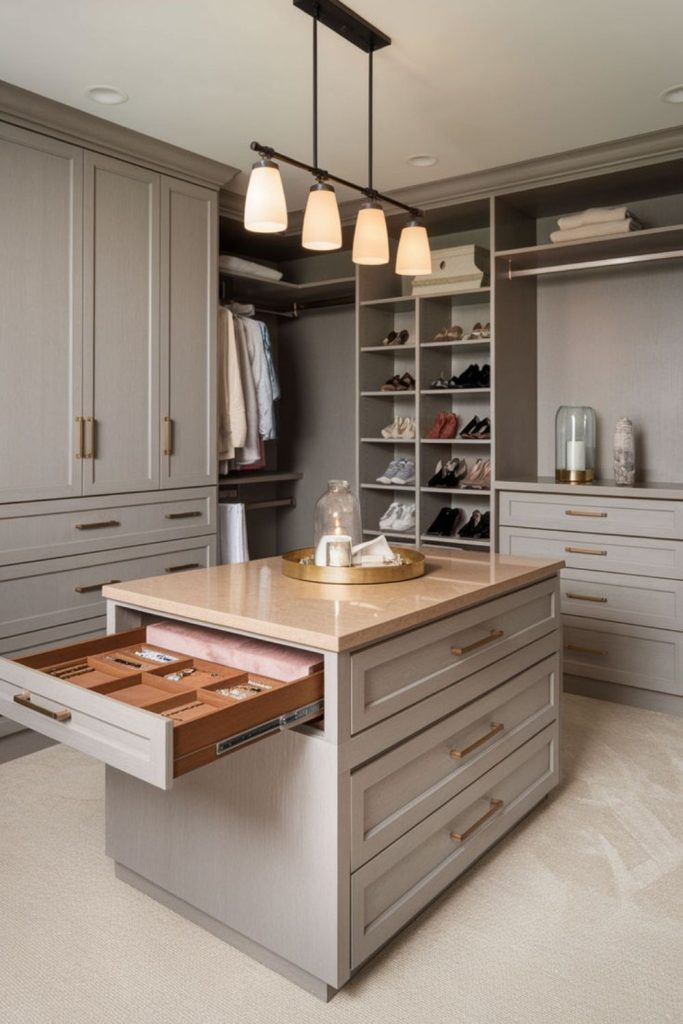Luxury walk-in wardrobe with island.