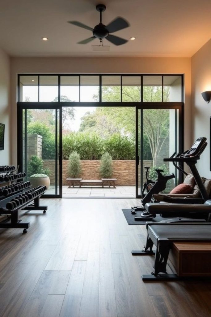 Luxury home fitness retreat interior.