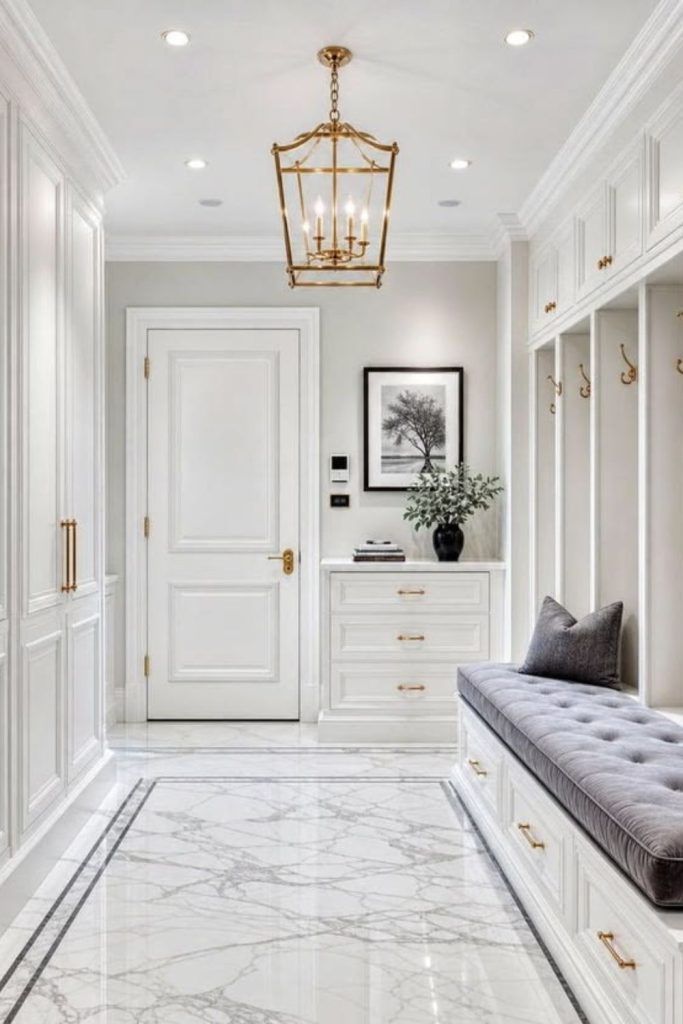 Luxury marble mudroom storage space