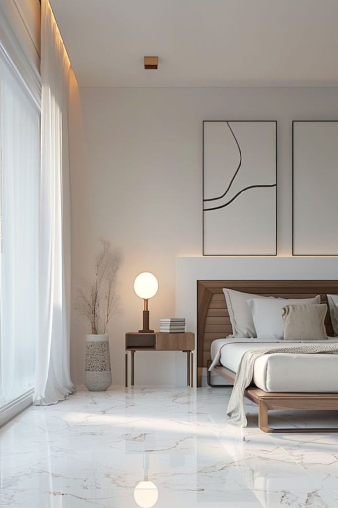 Modern marble bedroom with elegant finishes.