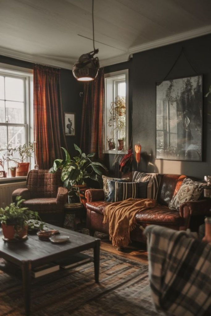 Maximalist cosy lounge with layered decor.