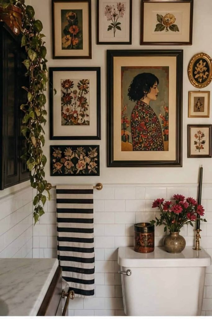 Maximalist floral bathroom gallery display