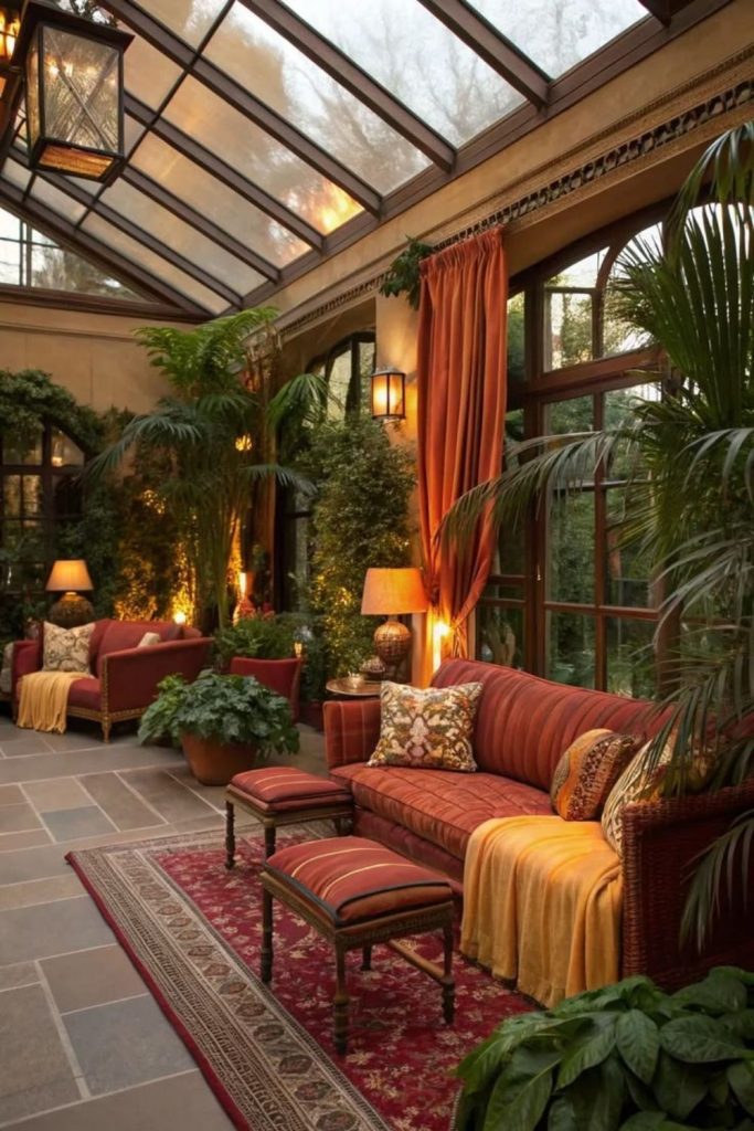 Mediterranean conservatory with terracotta and plants.