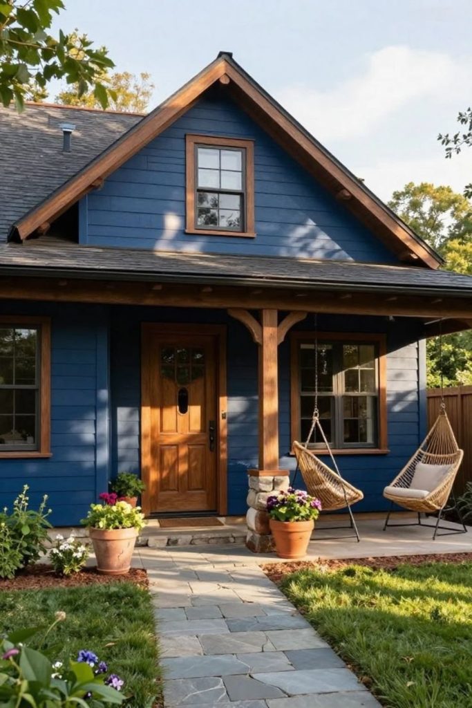 Midnight blue house with warm wood.