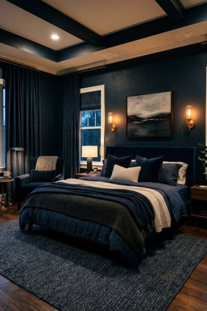 Modern navy bedroom with smoked glass.