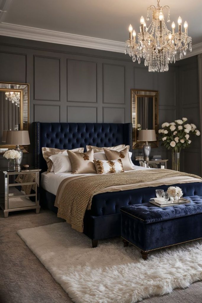 Navy luxury bedroom with crystal lighting.