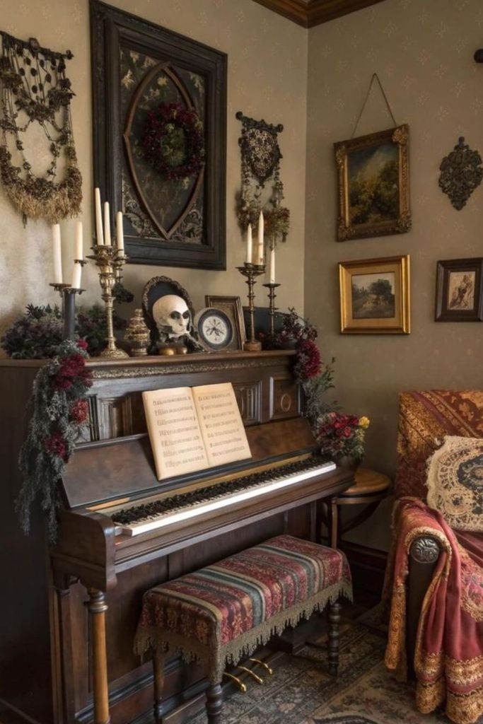 Antique piano with spooky vintage decor.
