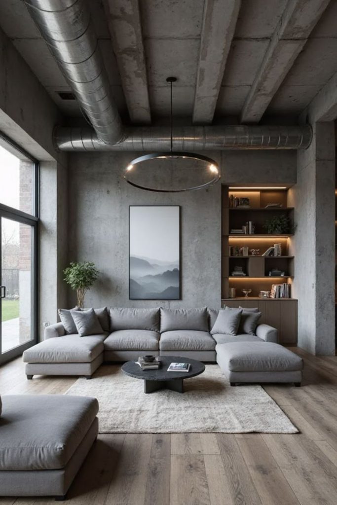 Minimalist concrete broken plan lounge interior.