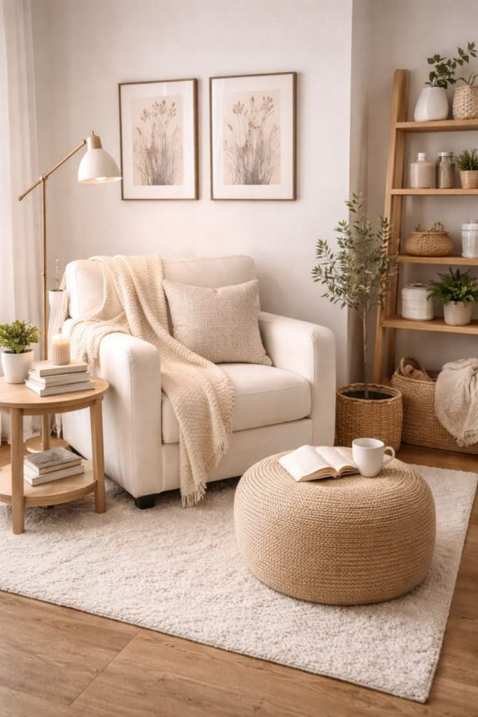 Minimalist cosy nook with soft textures.