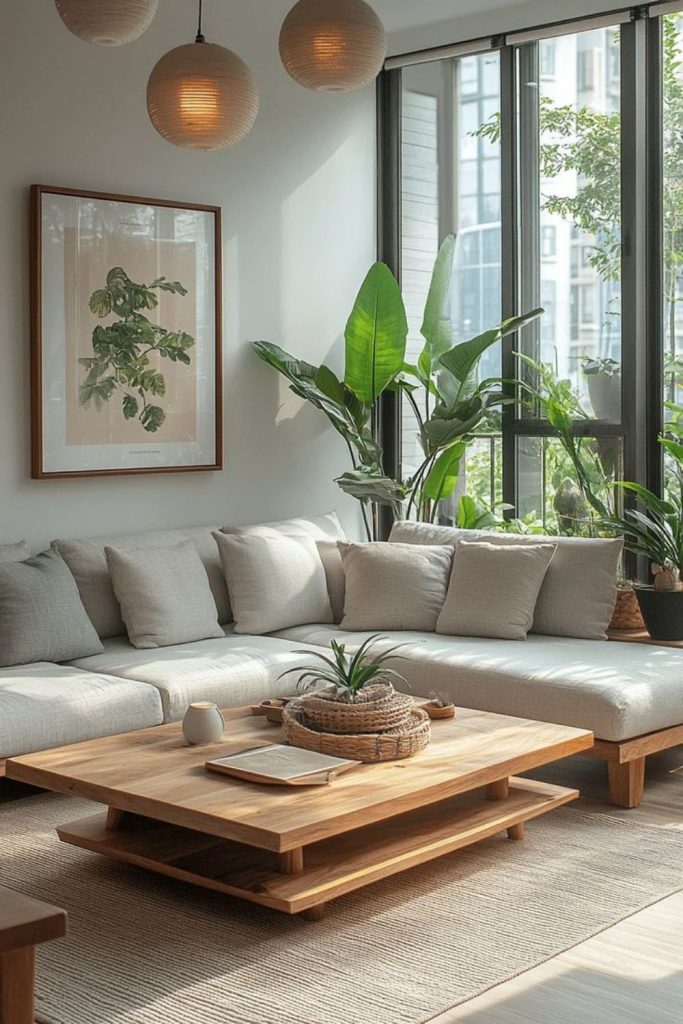Minimalist gallery Japandi living lounge.