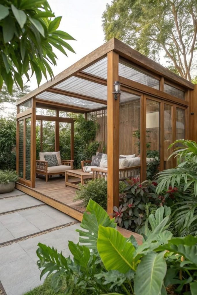 Minimalist garden conservatory with simple furnishings.