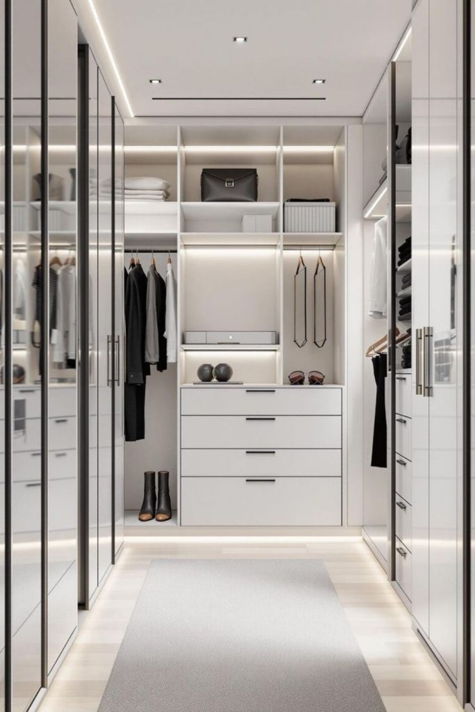 Minimalist monochrome walk-in closet interior.