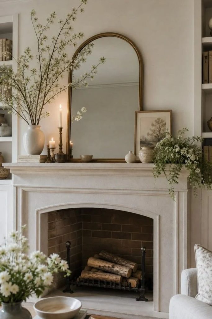Minimalist neutral mantel with subtle fall decor.