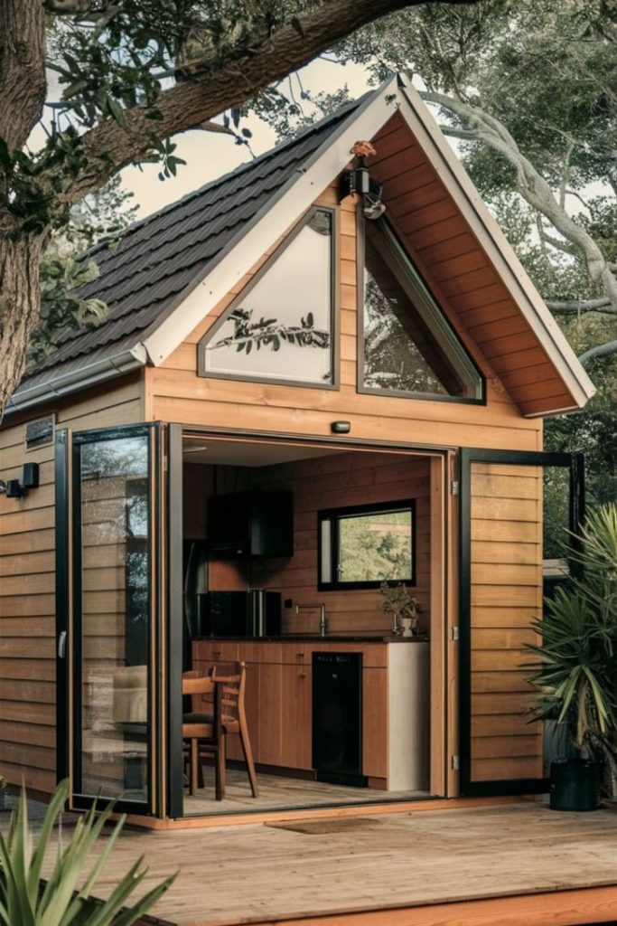 Minimalist plywood micro house interior.