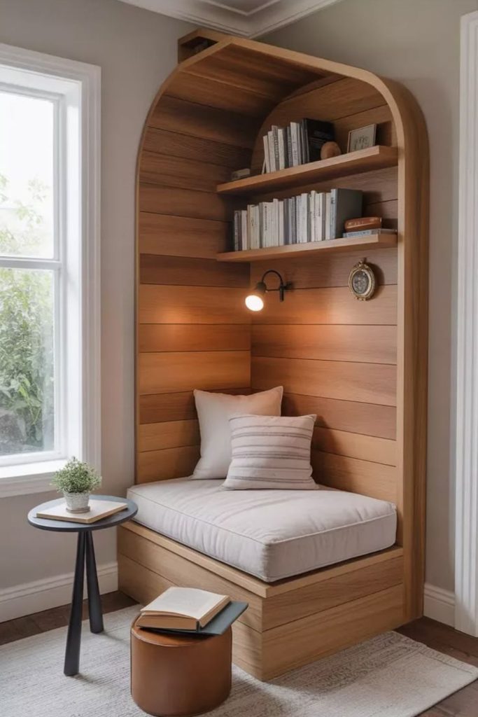 Minimalist sculptural chair reading pod.
