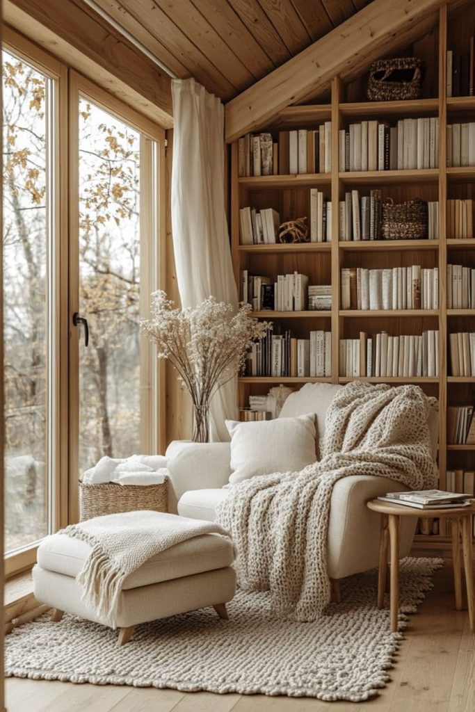 Minimalist reading studio with clean shelves.