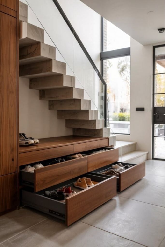 Minimalist shoe drawers beneath staircase.