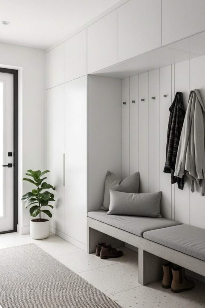 Minimalist white boot room storage design.