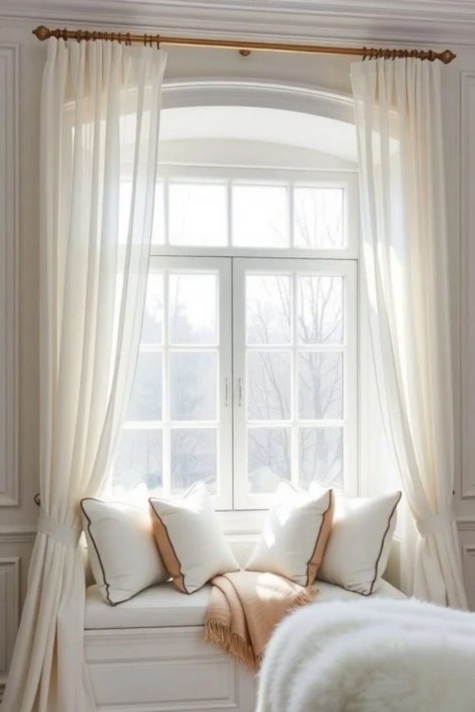 Minimalist white window seat retreat.