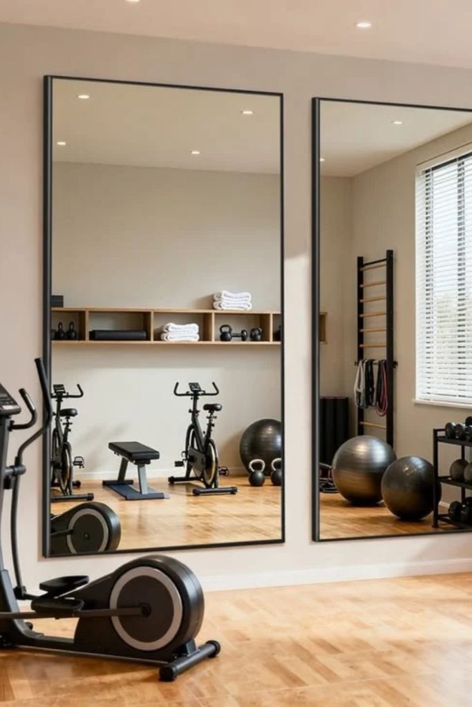 Home gym with mirrored wall.