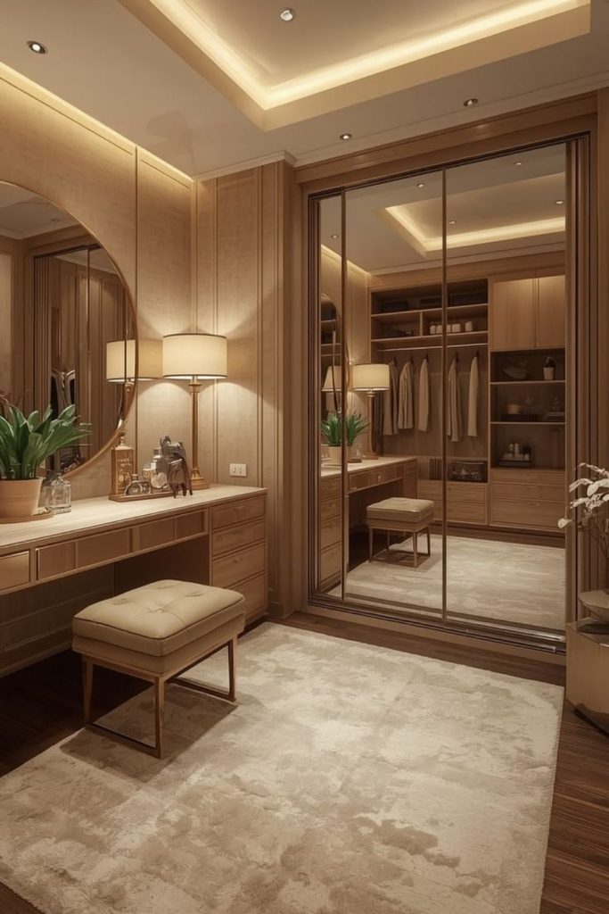 Mirrored walk-in wardrobe with spacious design.