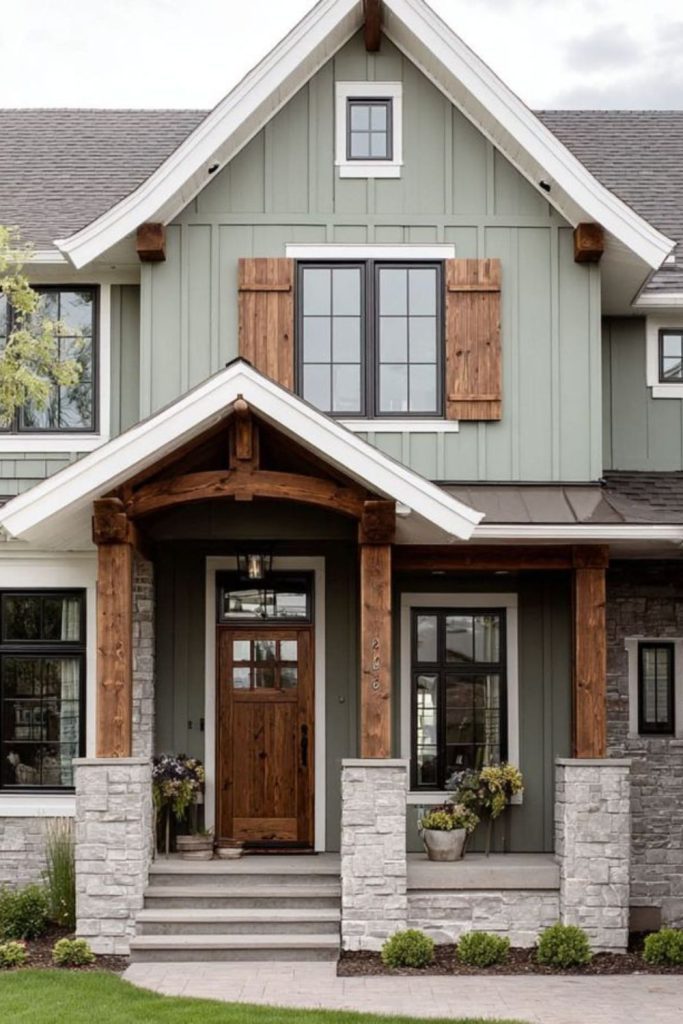 Misty green exterior with natural stone.