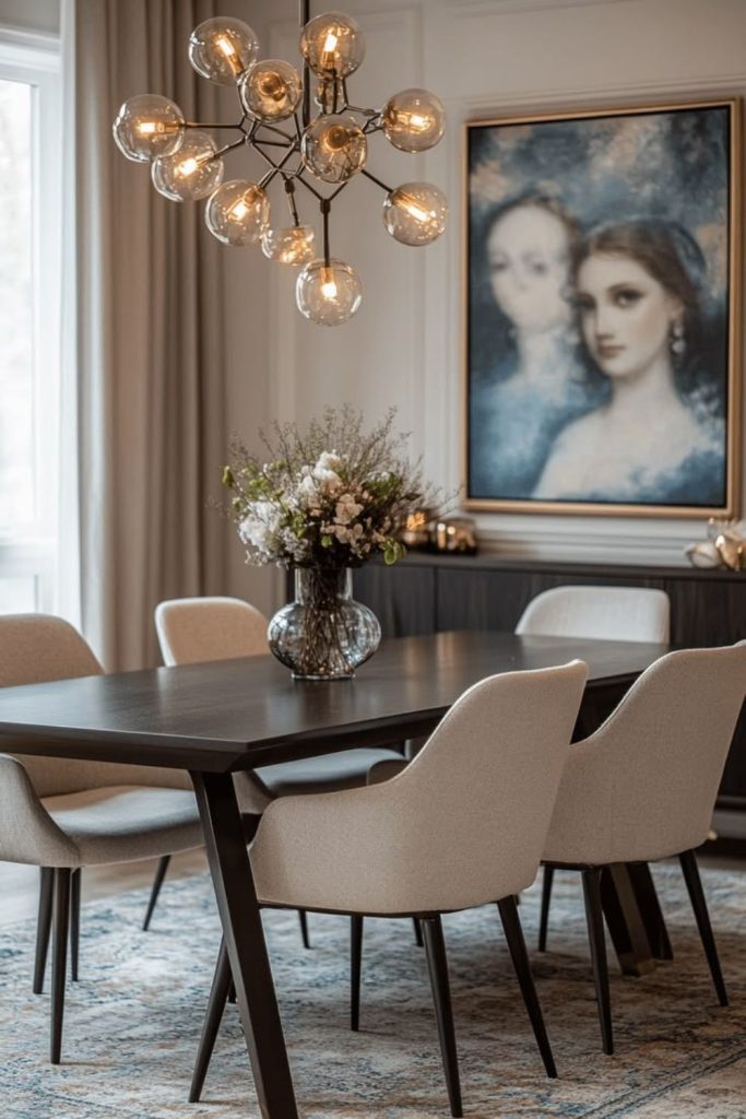 Mixed metal accents in dining room.