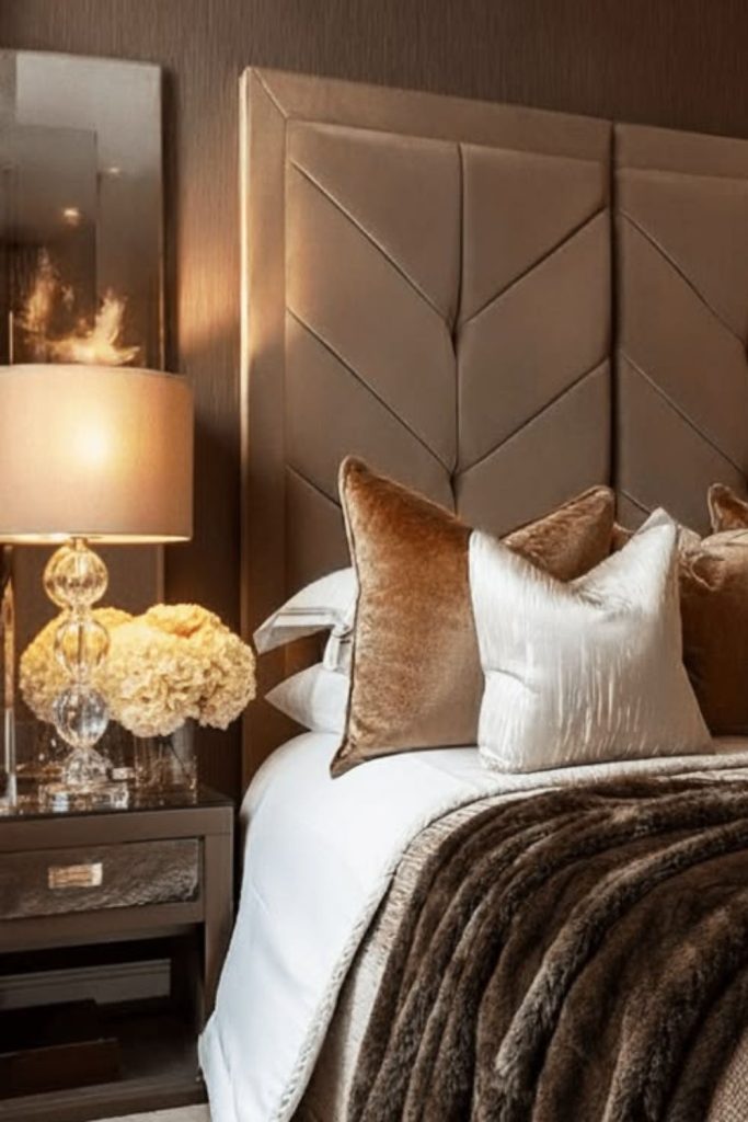 Mocha velvet cozy luxury bedroom design.