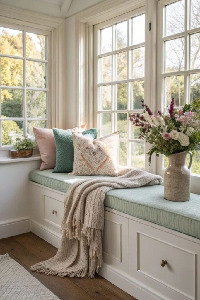 Modern farmhouse window seat design.