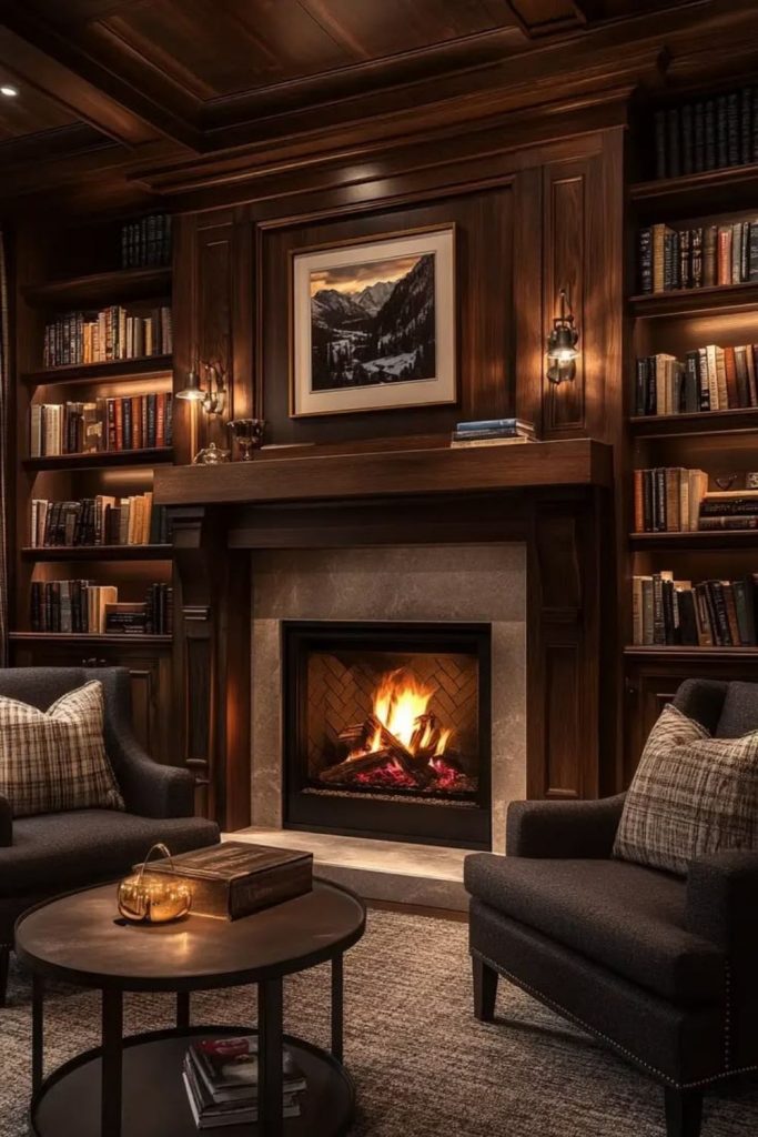 Modern fireplace library with floating shelves.