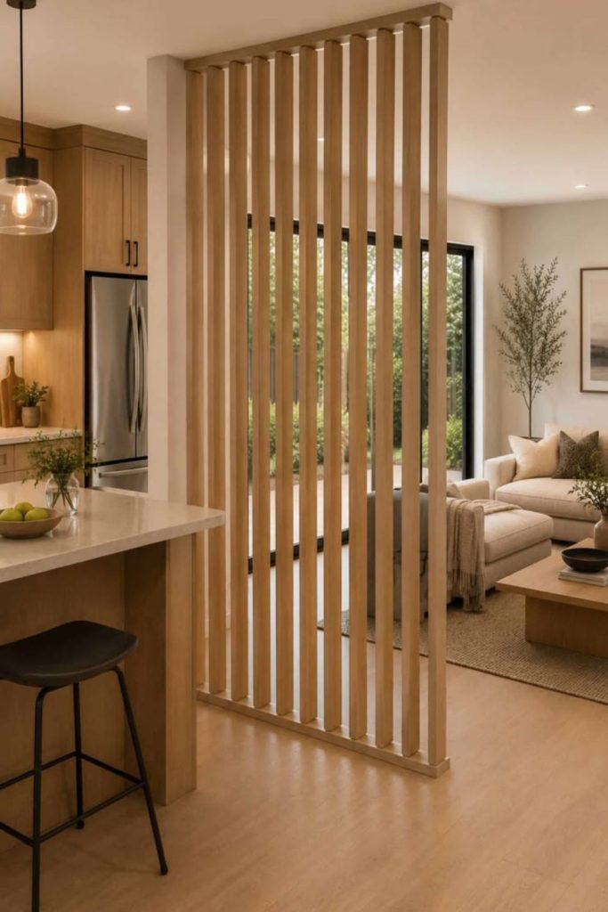 Modern timber divided living room interior.