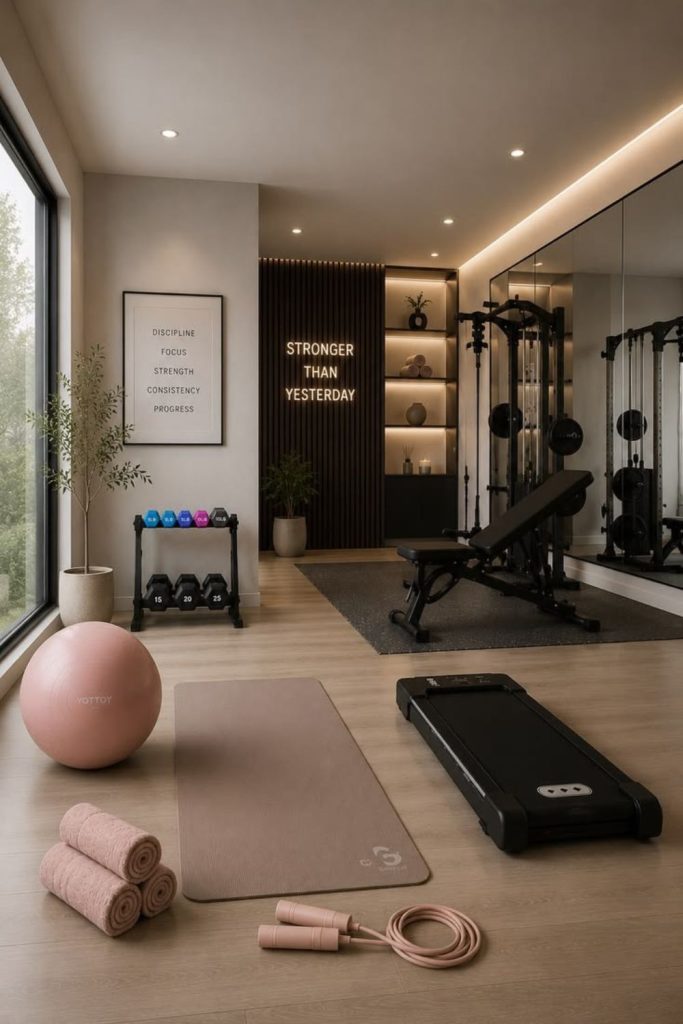 Modern home gym with charcoal walls.