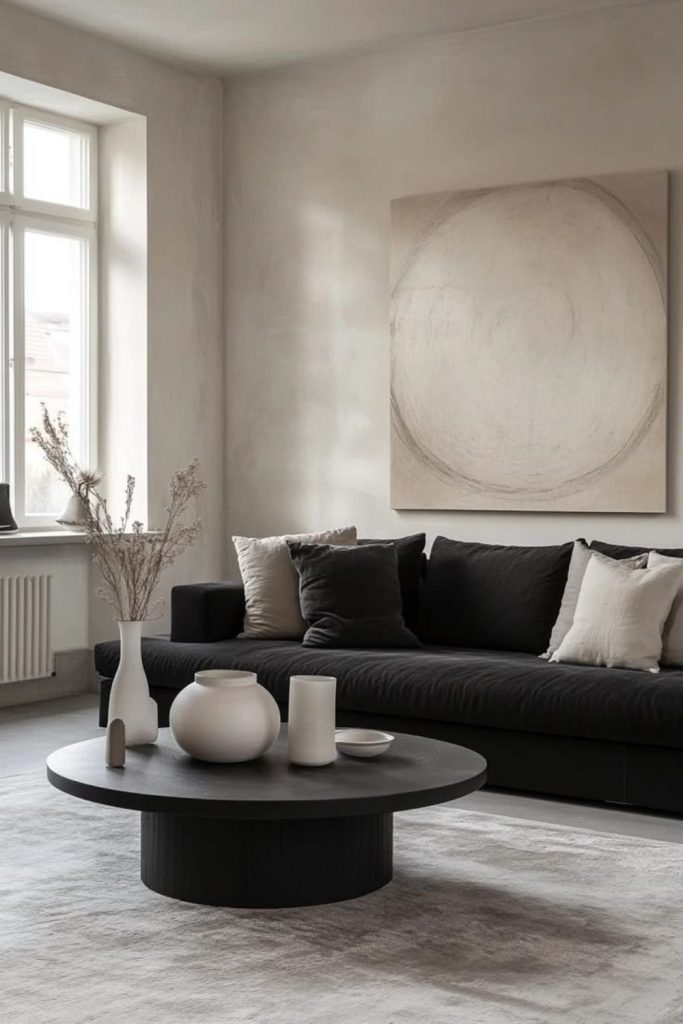Monochrome Japandi living room interior.
