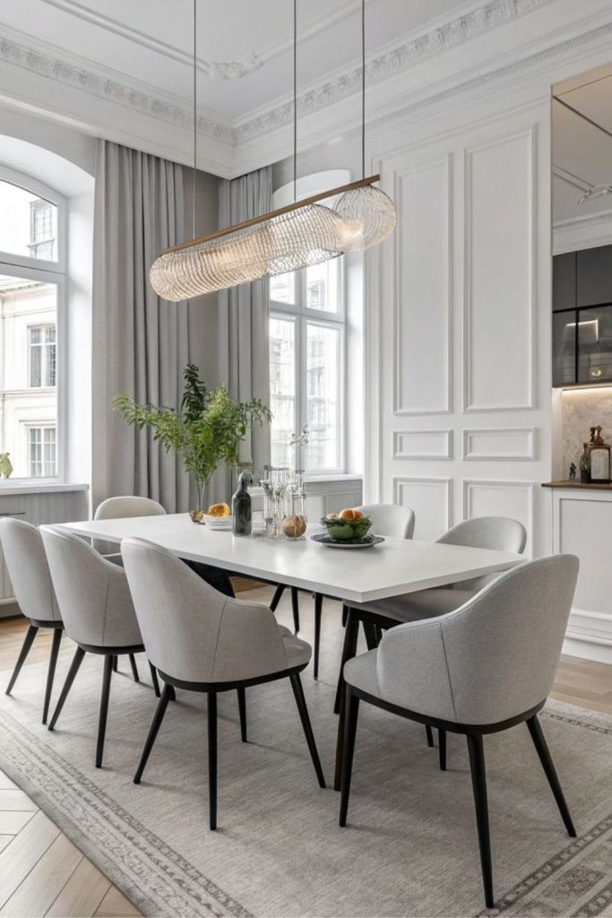 Minimal monochrome dining room interior design.