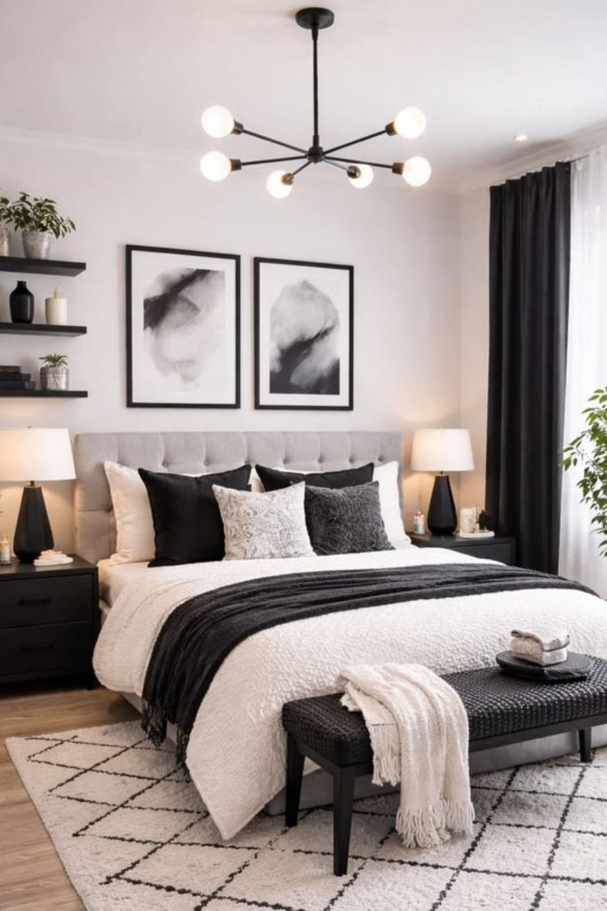 Monochrome bedroom with sleek contemporary design.