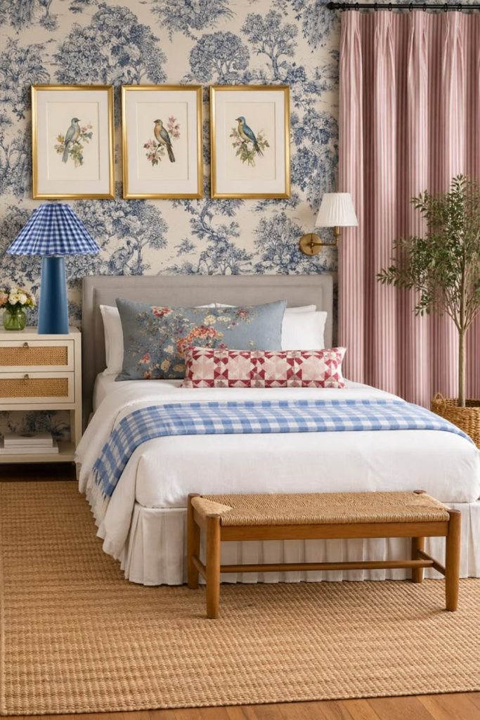 Needlepoint plaid grandmillennial bedroom.
