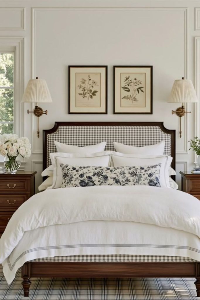 Monogrammed linen grandmillennial bedroom suite.