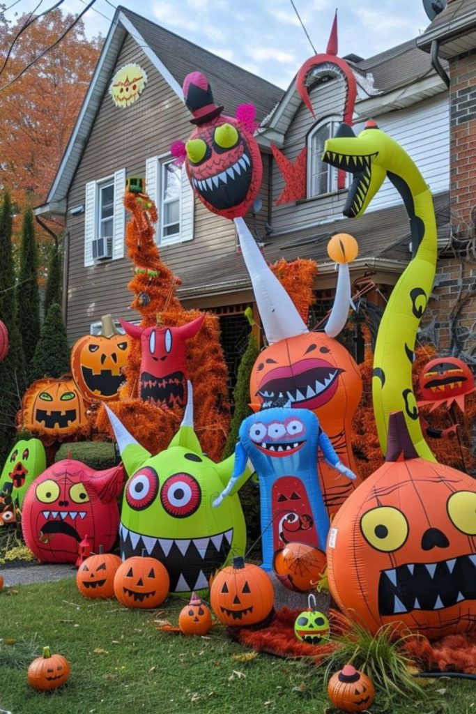 Colorful monster party decorating Halloween porch.