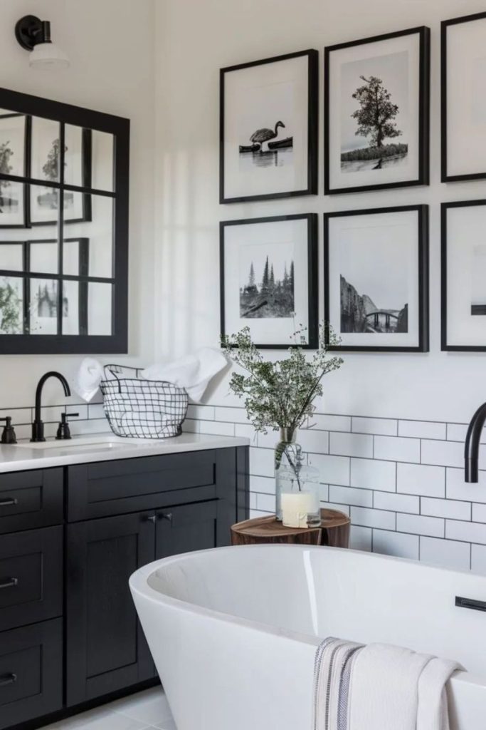 Moody black frame bathroom artwork