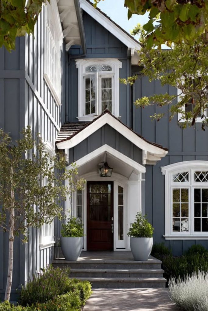 Moody blue gray house with white.