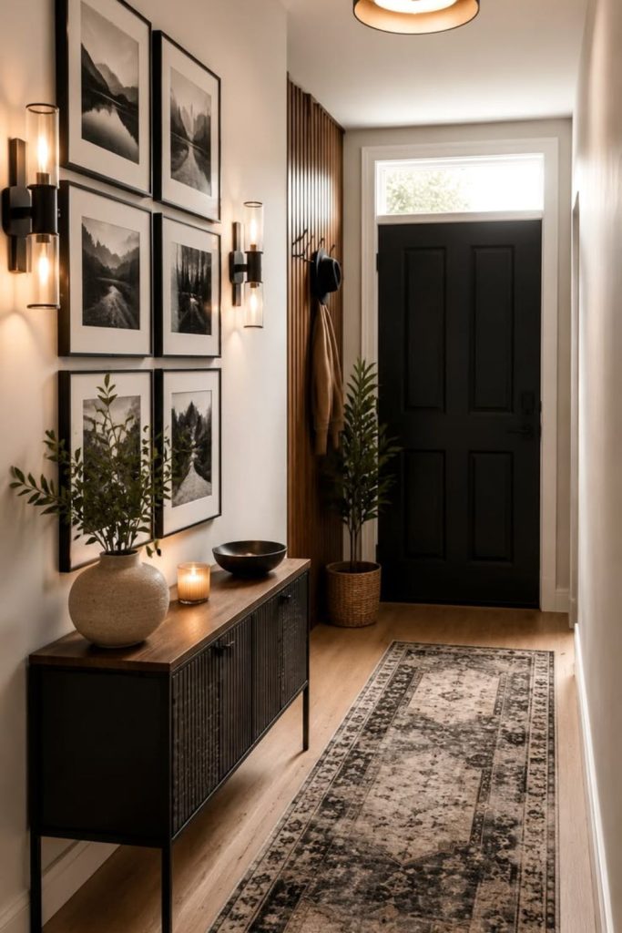 Moody charcoal entryway with brass accents