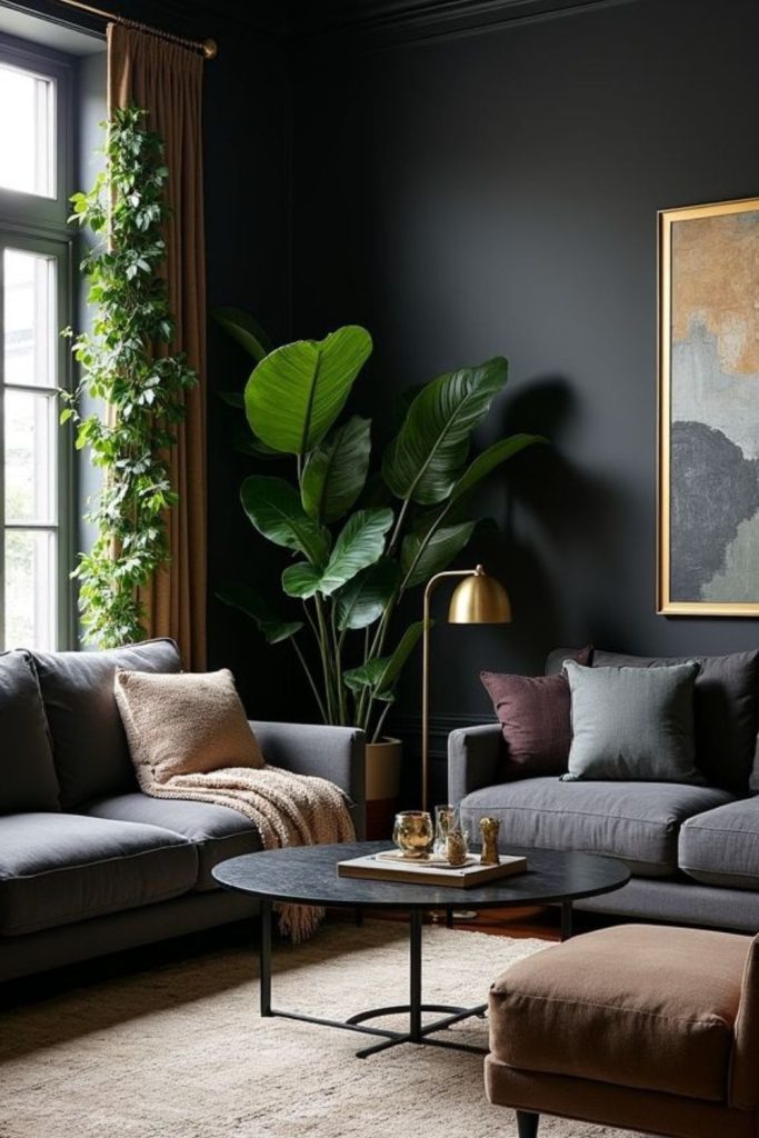 Moody charcoal broken plan living room.