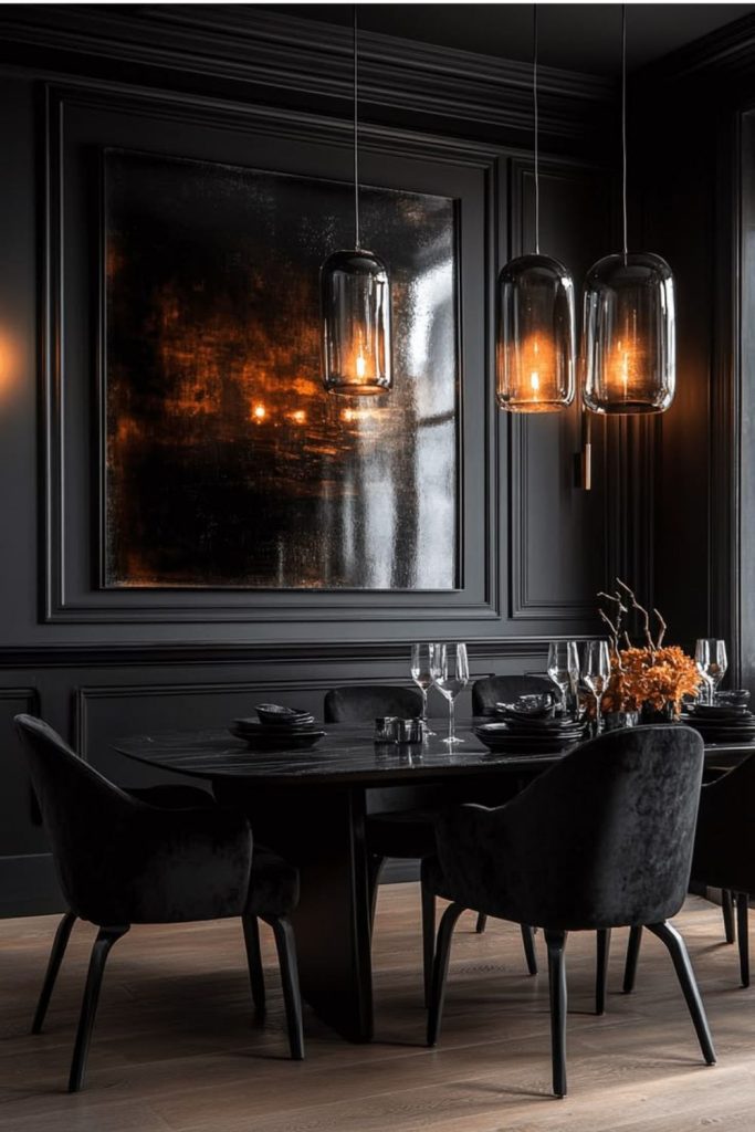Moody charcoal dining room with velvet.