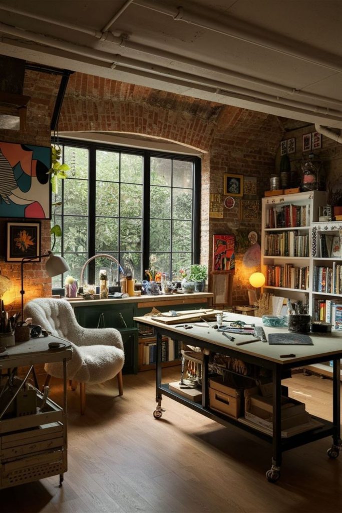 Moody box room creative studio interior.