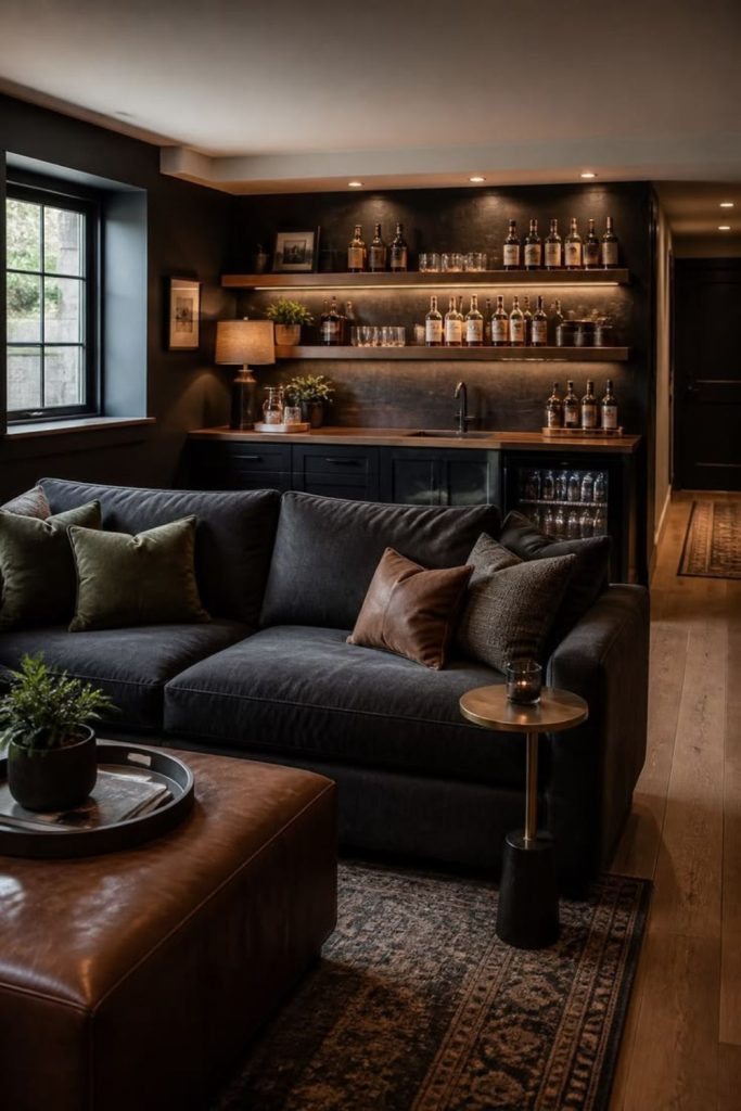 Moody unfinished basement entertainment lounge