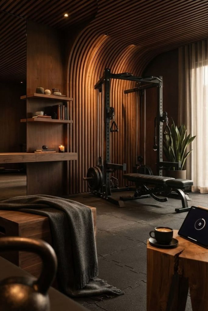 Moody dark home fitness chamber.